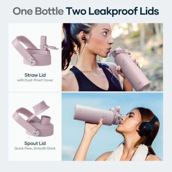Buzio Duet Series Water Bottle with 2 Lids and Sleeve 1.2L - Purple